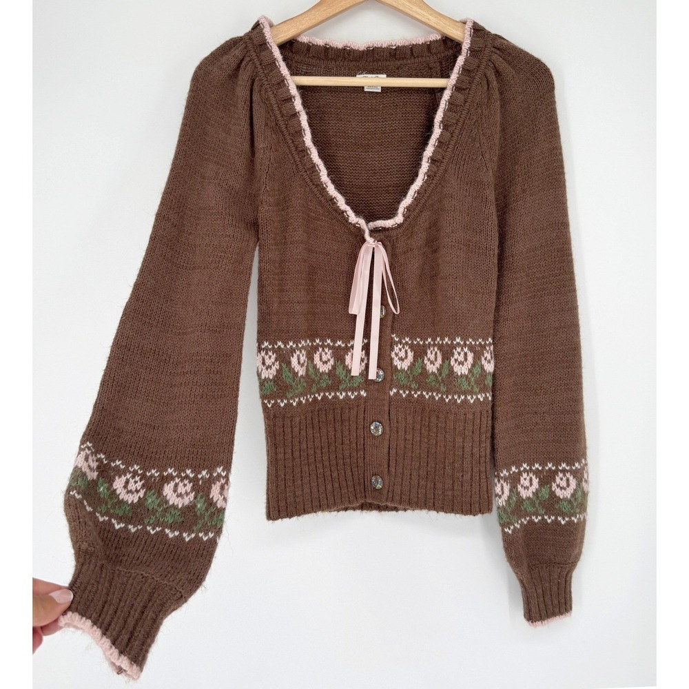 Kimchi Blue Floral Bow Cardigan S Brown Cotton Bld Coquette Balletcore Sweater - Picture 2 of 14